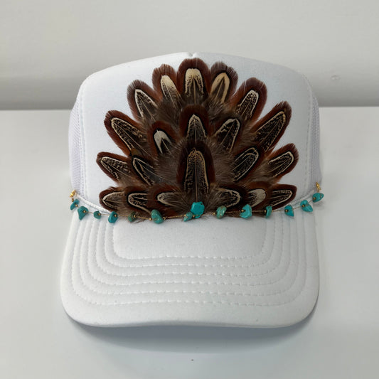 FEATHER Trucker Hat White WITH Turquoise Beaded Hat Chain